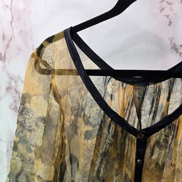 Arrata Silent Journey Shirt Womens Medium Silk Blouse Sheer Yellow Floral Button - Picture 2 of 14